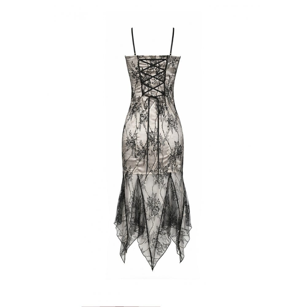 Darkinlove Women's Gothic Floral Embroidered Lace Irregular Hem Slip Dress