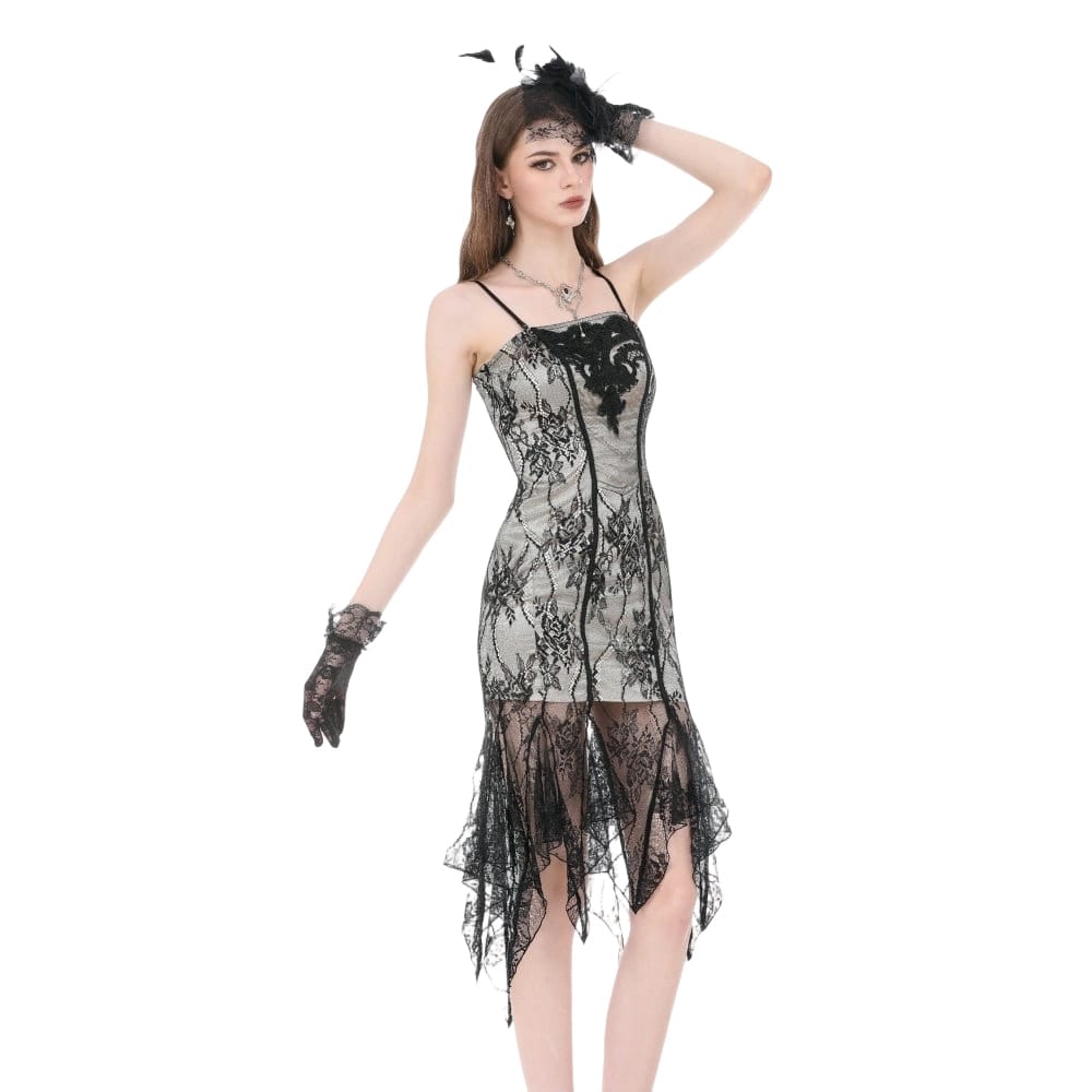 Darkinlove Women's Gothic Floral Embroidered Lace Irregular Hem Slip Dress