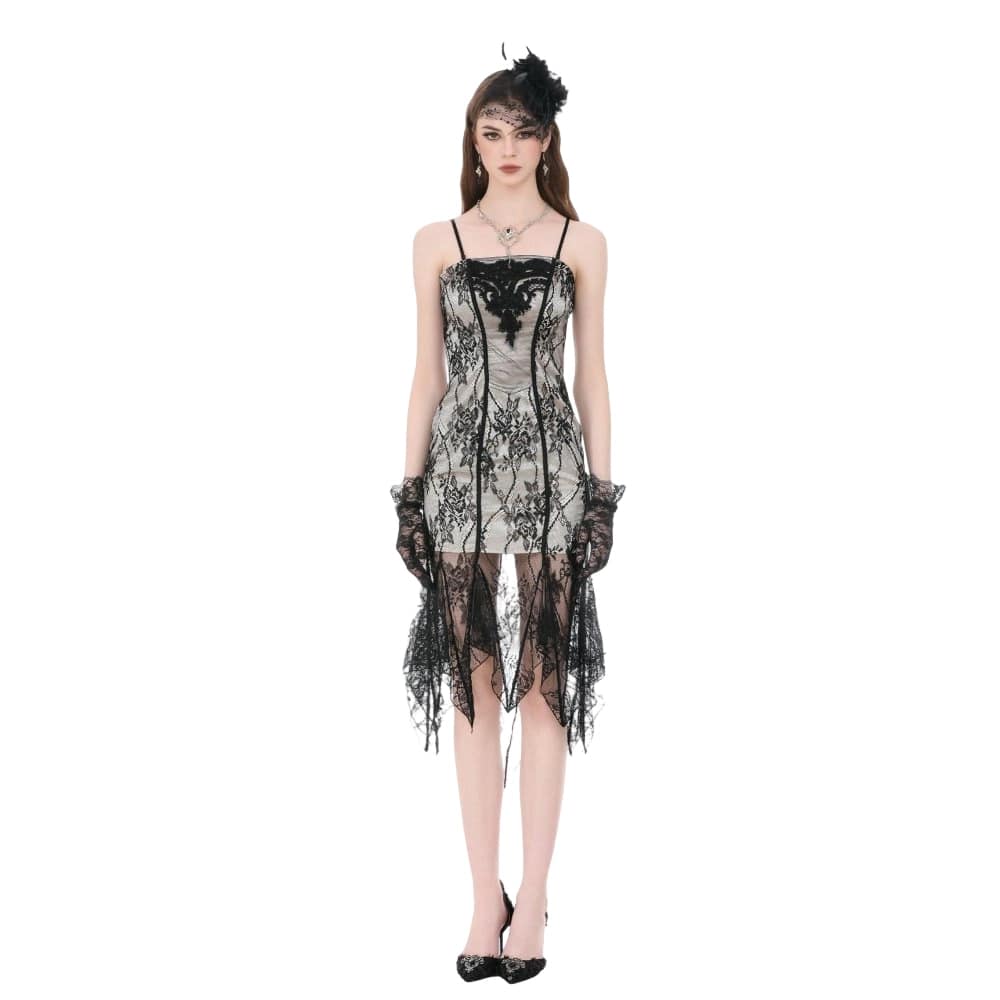 Darkinlove Women's Gothic Floral Embroidered Lace Irregular Hem Slip Dress