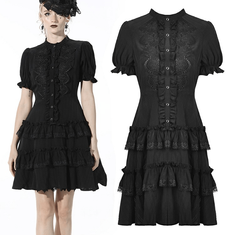 Darkinlove Women's Gothic Floral Embroidered Layered Black Dress