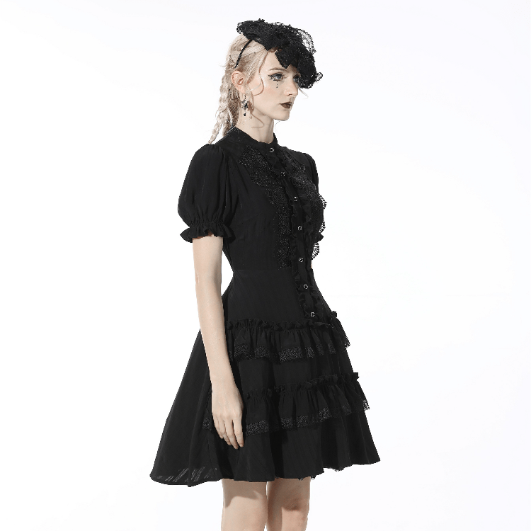 Darkinlove Women's Gothic Floral Embroidered Layered Black Dress