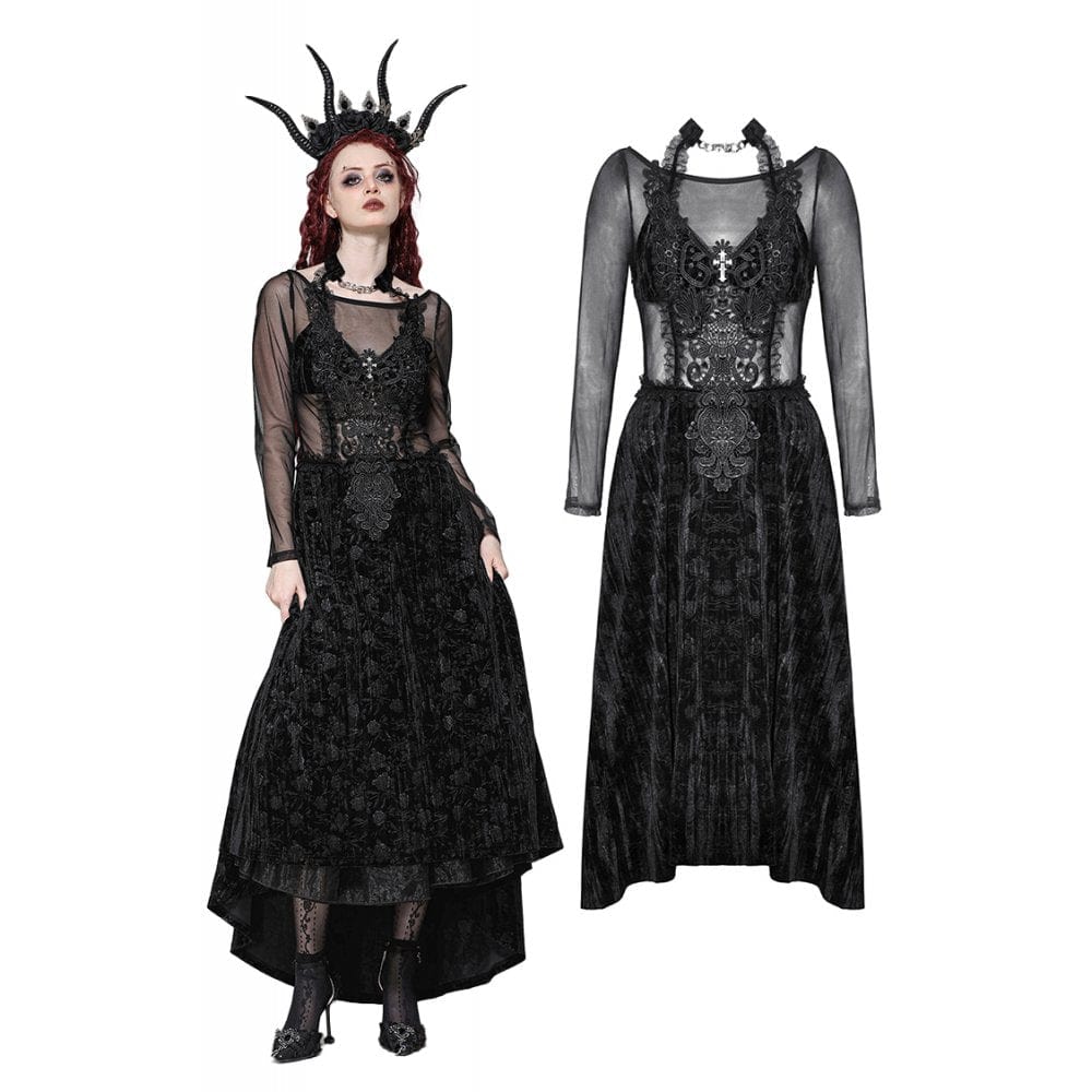 Darkinlove Women's Gothic Floral Embroidered Mesh Splice Velvet Gown Dress