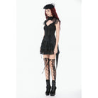 Darkinlove Women's Gothic Floral Lace Cutout High-Neck Short Sleeved Shirt