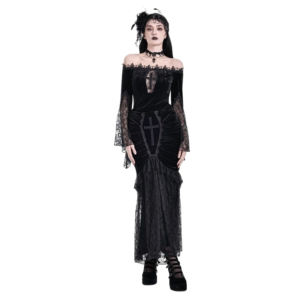 Darkinlove Women's Gothic Floral Lace Patchwork Cross Ruched Velvet Mermaid Skirt