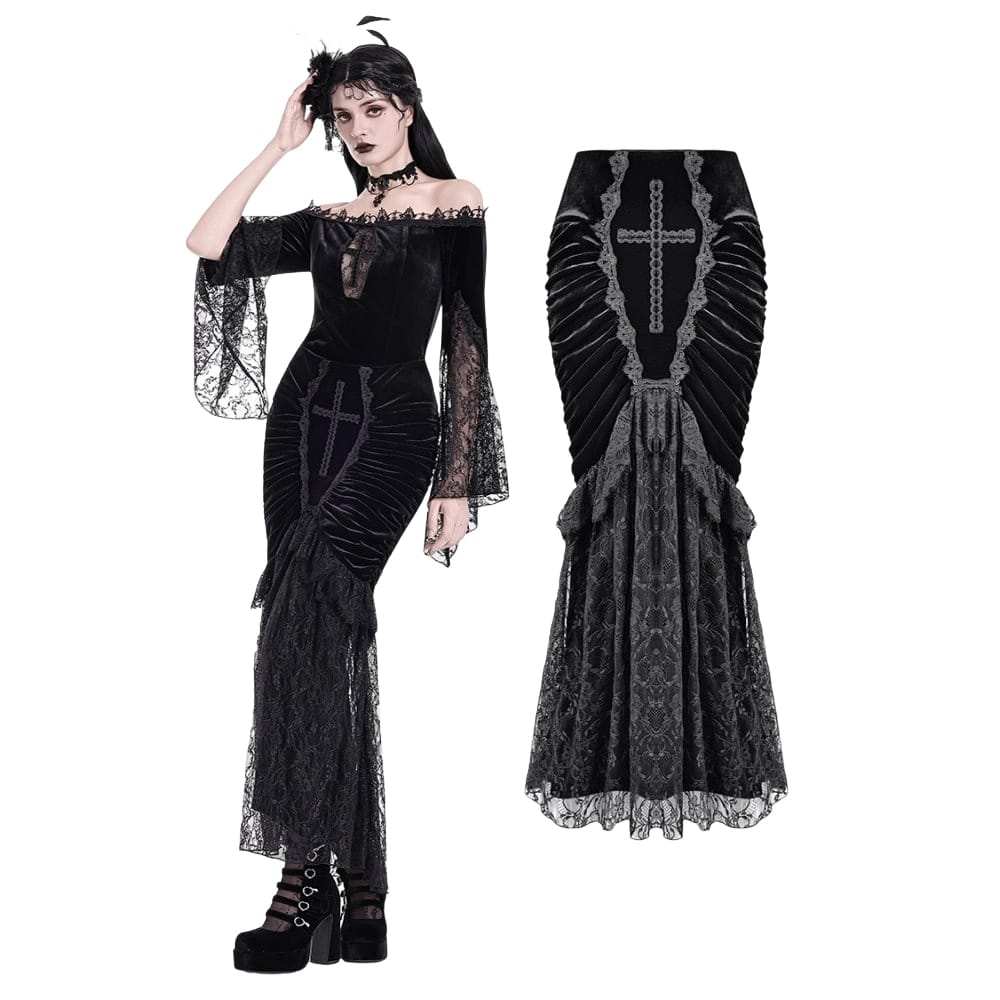 Darkinlove Women's Gothic Floral Lace Patchwork Cross Ruched Velvet Mermaid Skirt