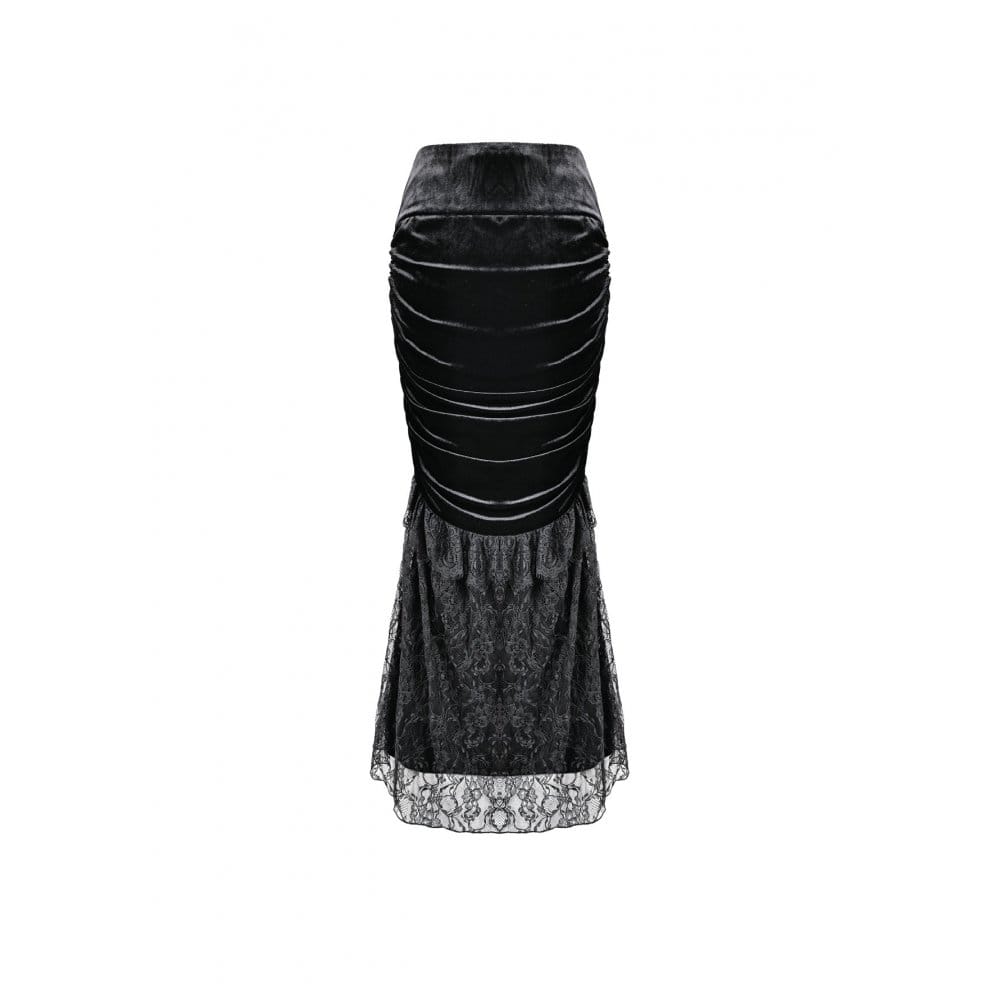 Darkinlove Women's Gothic Floral Lace Patchwork Cross Ruched Velvet Mermaid Skirt