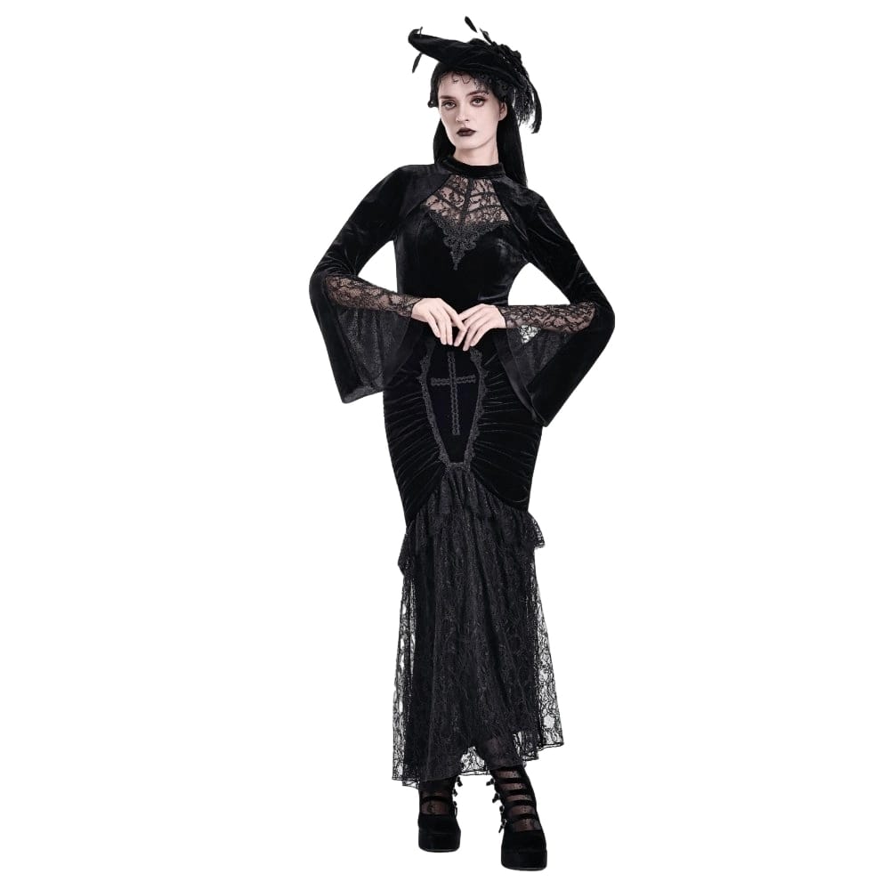 Darkinlove Women's Gothic Floral Lace Patchwork Cross Ruched Velvet Mermaid Skirt