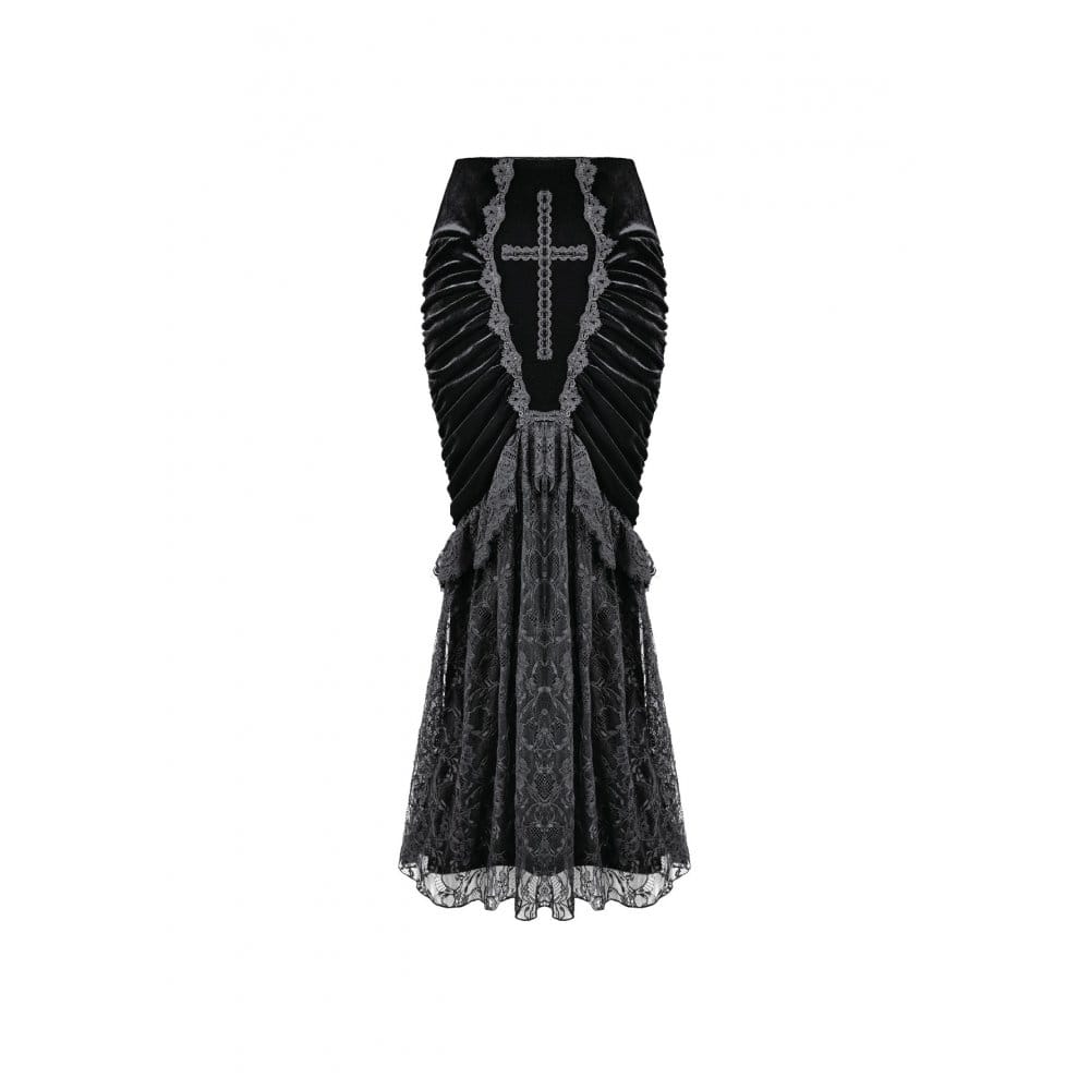 Darkinlove Women's Gothic Floral Lace Patchwork Cross Ruched Velvet Mermaid Skirt