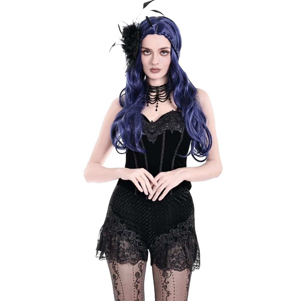 Darkinlove Women's Gothic Floral Lace Patchwork Embossed Velvet Shorts