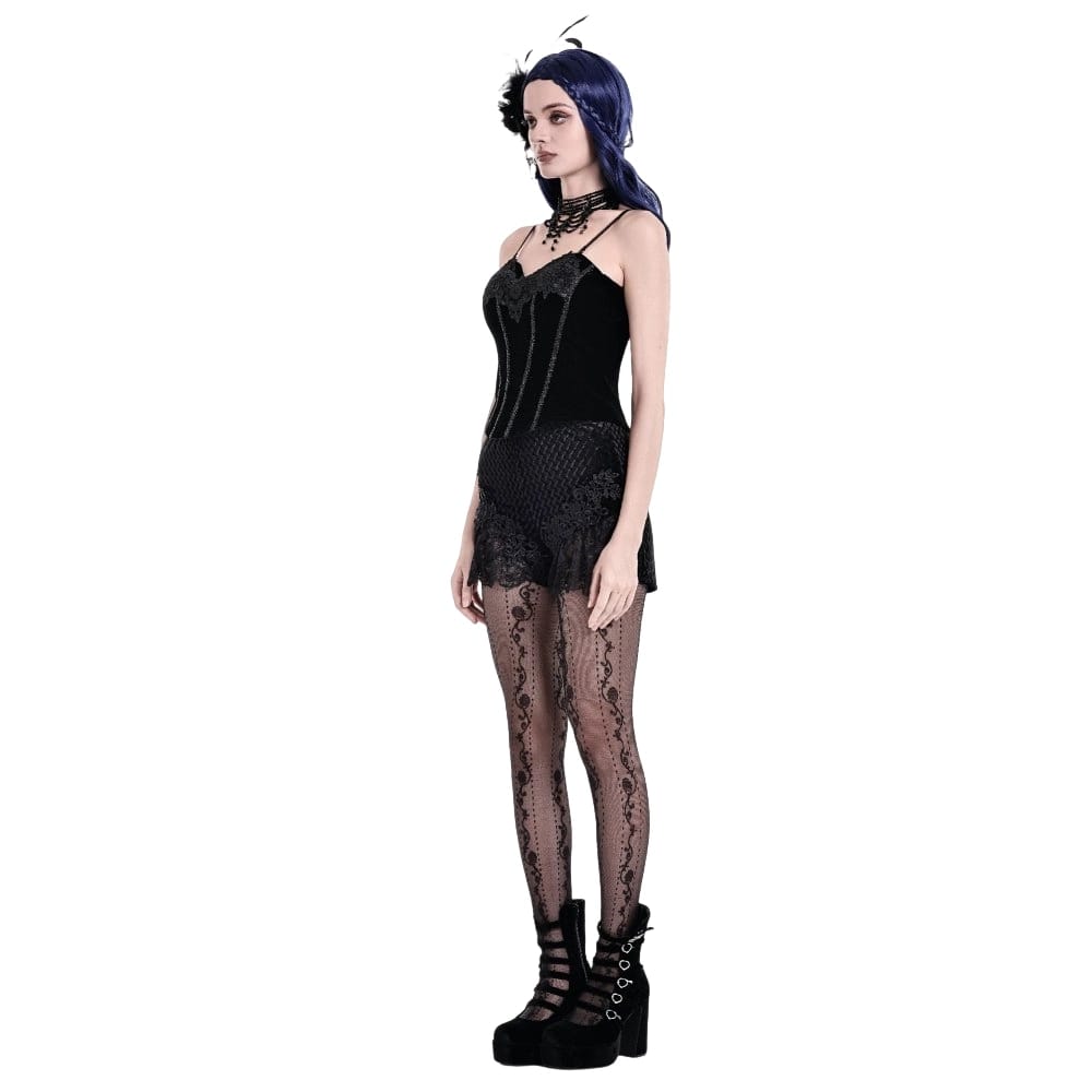 Darkinlove Women's Gothic Floral Lace Patchwork Embossed Velvet Shorts