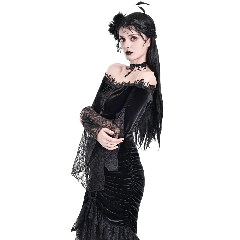 Darkinlove Women's Gothic Floral Lace Patchwork Off-Shoulder Bell Sleeve Velvet Top