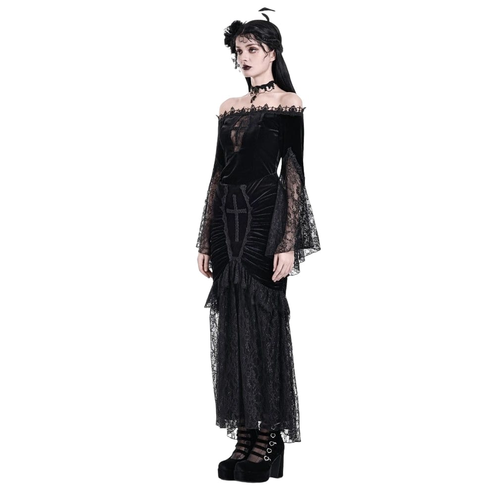 Darkinlove Women's Gothic Floral Lace Patchwork Off-Shoulder Bell Sleeve Velvet Top