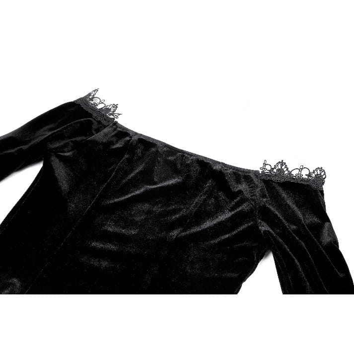 Darkinlove Women's Gothic Floral Lace Patchwork Off-Shoulder Bell Sleeve Velvet Top