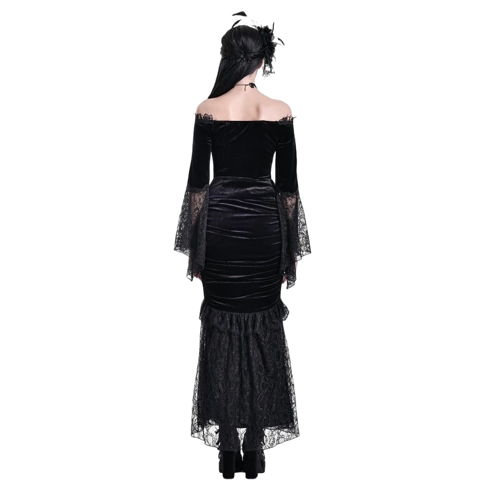 Darkinlove Women's Gothic Floral Lace Patchwork Off-Shoulder Bell Sleeve Velvet Top