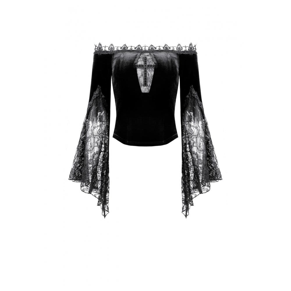 Darkinlove Women's Gothic Floral Lace Patchwork Off-Shoulder Bell Sleeve Velvet Top