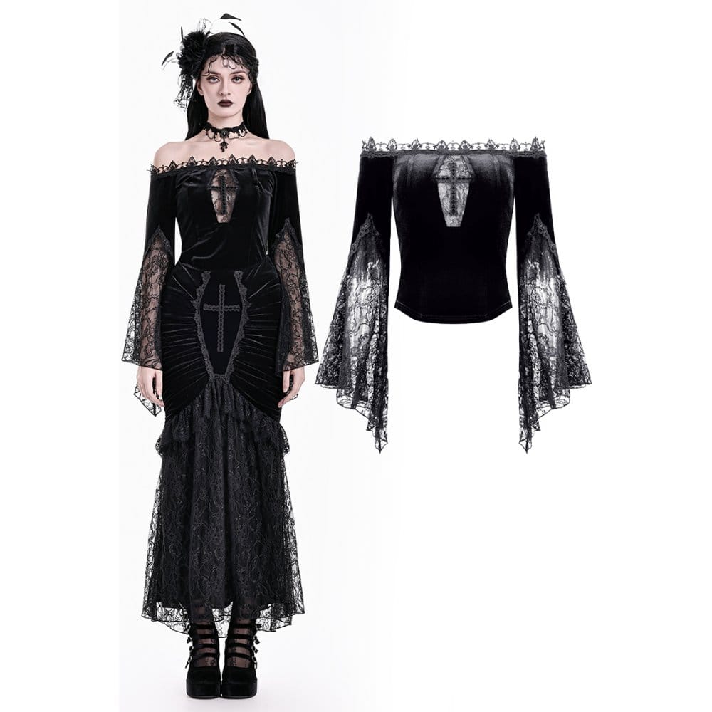 Darkinlove Women's Gothic Floral Lace Patchwork Off-Shoulder Bell Sleeve Velvet Top