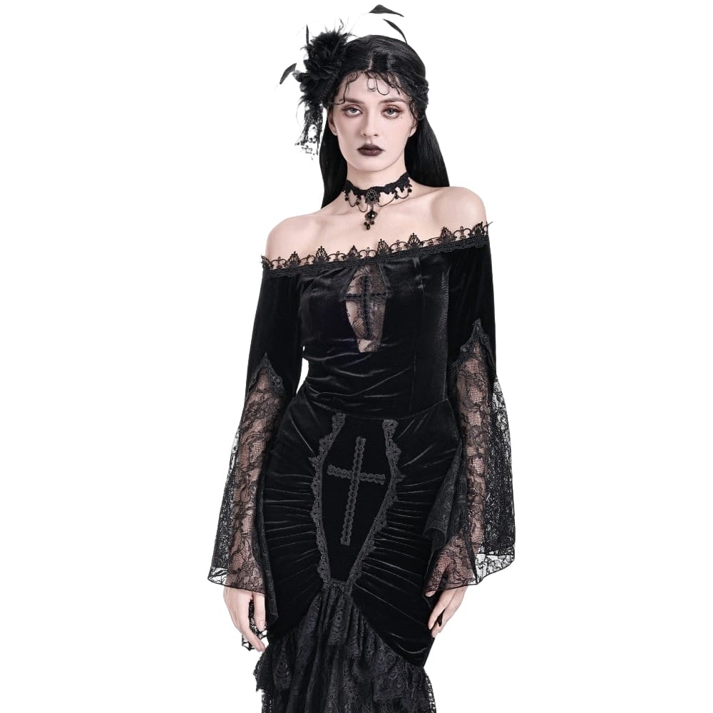 Darkinlove Women's Gothic Floral Lace Patchwork Off-Shoulder Bell Sleeve Velvet Top