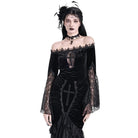 Darkinlove Women's Gothic Floral Lace Patchwork Off-Shoulder Bell Sleeve Velvet Top