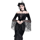 Darkinlove Women's Gothic Floral Lace Patchwork Off-Shoulder Bell Sleeve Velvet Top