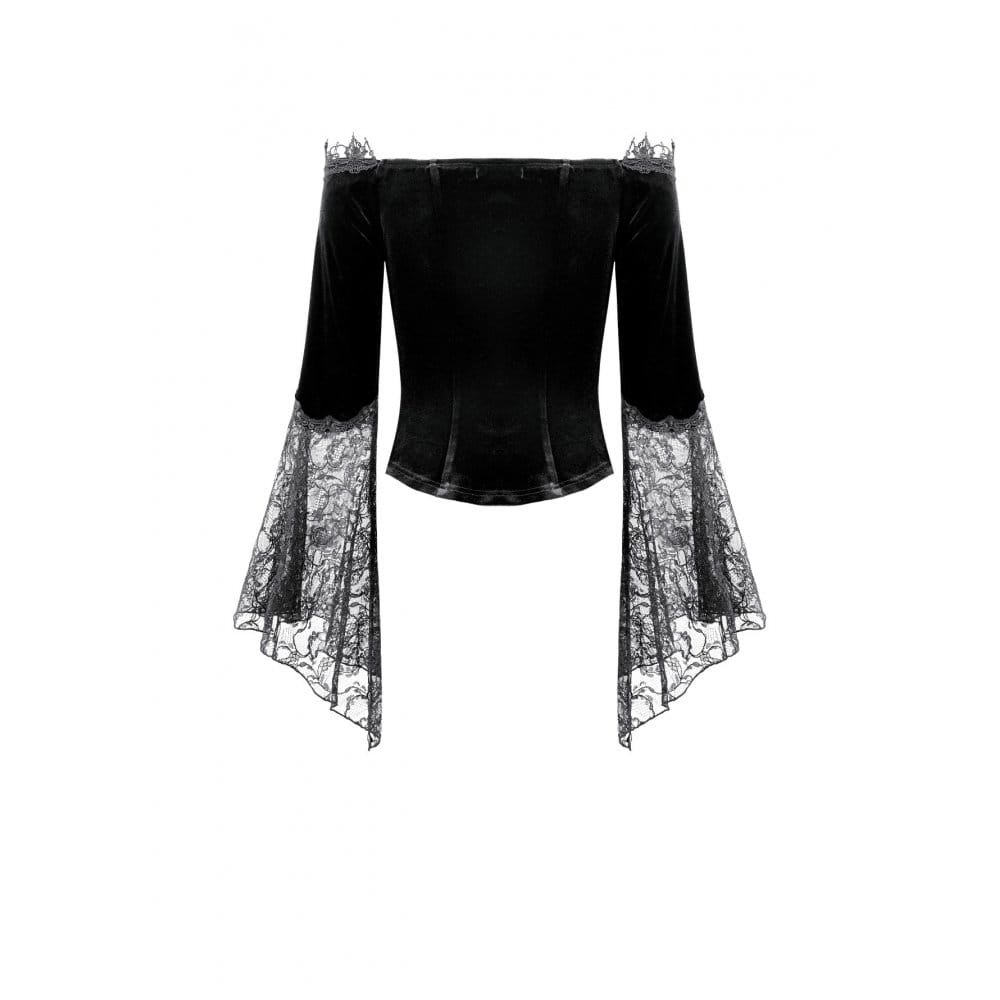 Darkinlove Women's Gothic Floral Lace Patchwork Off-Shoulder Bell Sleeve Velvet Top