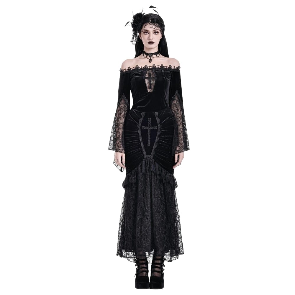 Darkinlove Women's Gothic Floral Lace Patchwork Off-Shoulder Bell Sleeve Velvet Top