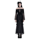 Darkinlove Women's Gothic Floral Lace Patchwork Off-Shoulder Bell Sleeve Velvet Top