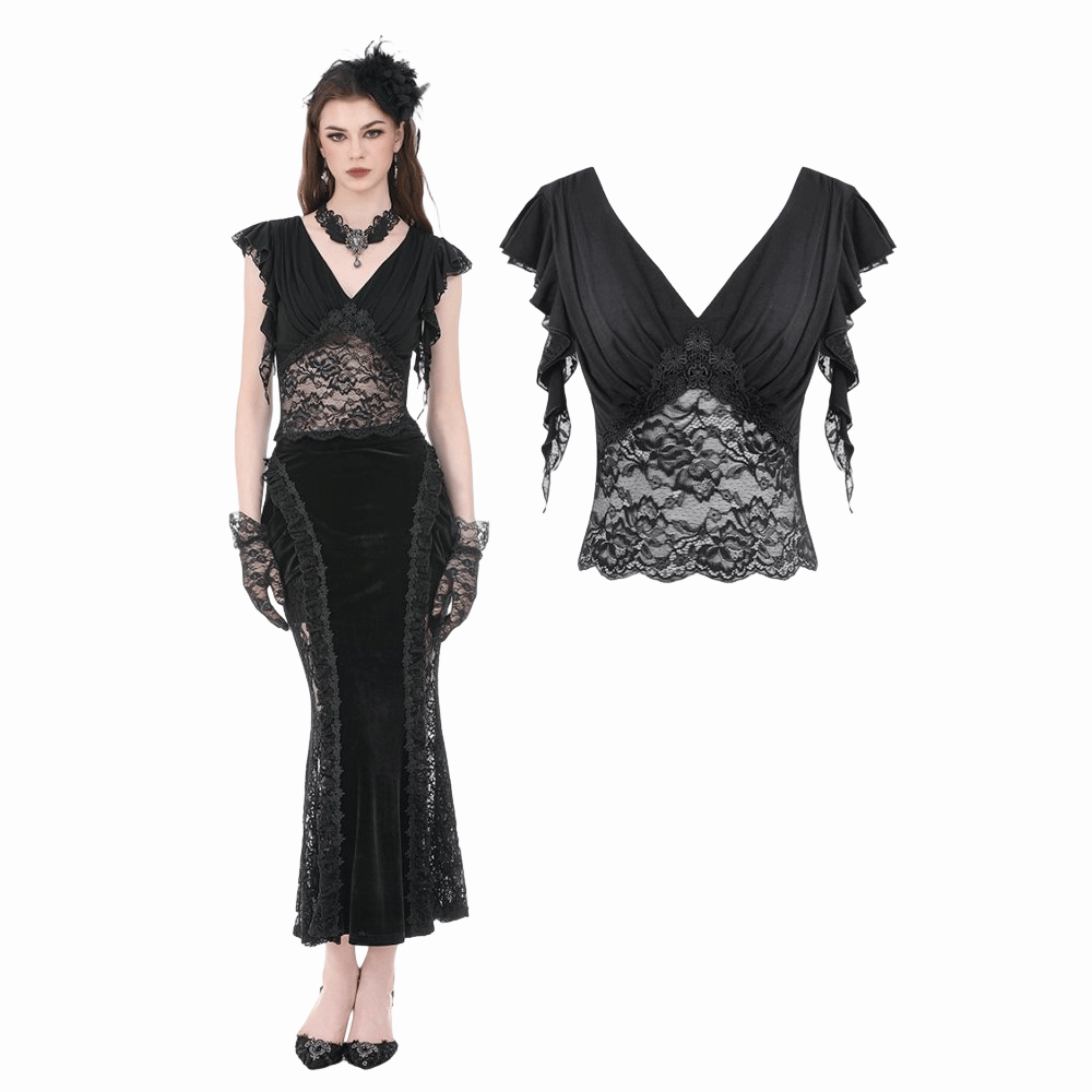 Darkinlove Women's Gothic Floral Lace Patchwork Plunging Draped Crop Top