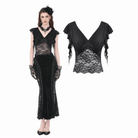 Darkinlove Women's Gothic Floral Lace Patchwork Plunging Draped Crop Top