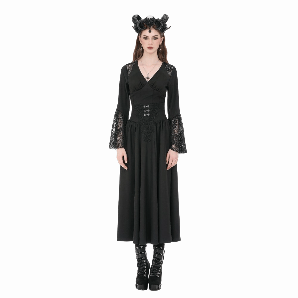Darkinlove Women's Gothic Floral Lace Patchwork Plunging Long Sleeve Shirt