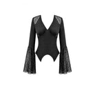 Darkinlove Women's Gothic Floral Lace Patchwork Plunging Long Sleeve Shirt