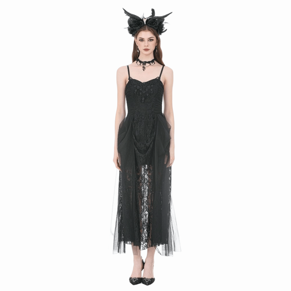Darkinlove Women's Gothic Floral Lace Ruched Mesh Slip Dress