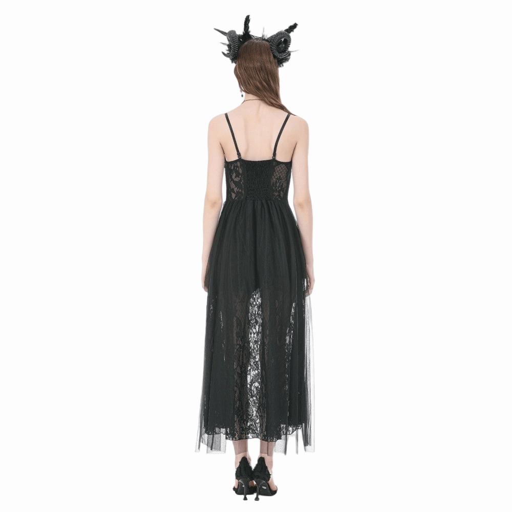 Darkinlove Women's Gothic Floral Lace Ruched Mesh Slip Dress