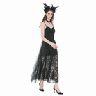 Darkinlove Women's Gothic Floral Lace Ruched Mesh Slip Dress
