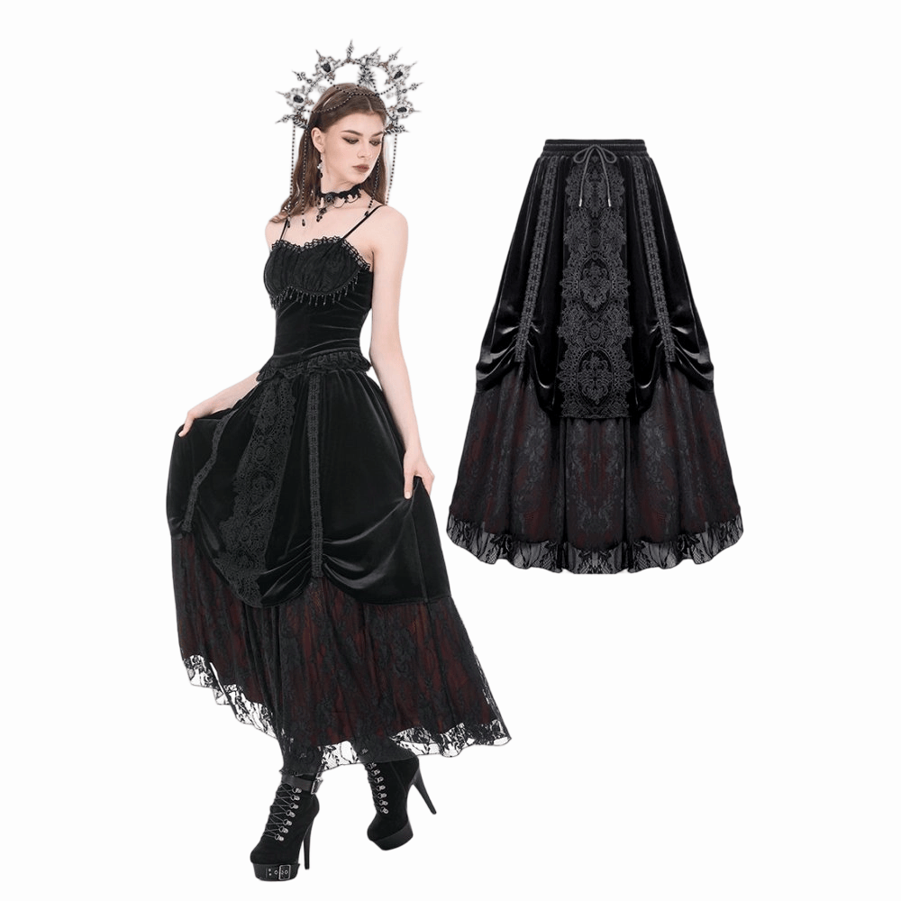Darkinlove Women's Gothic Floral Lace Ruched Velvet Long Skirt
