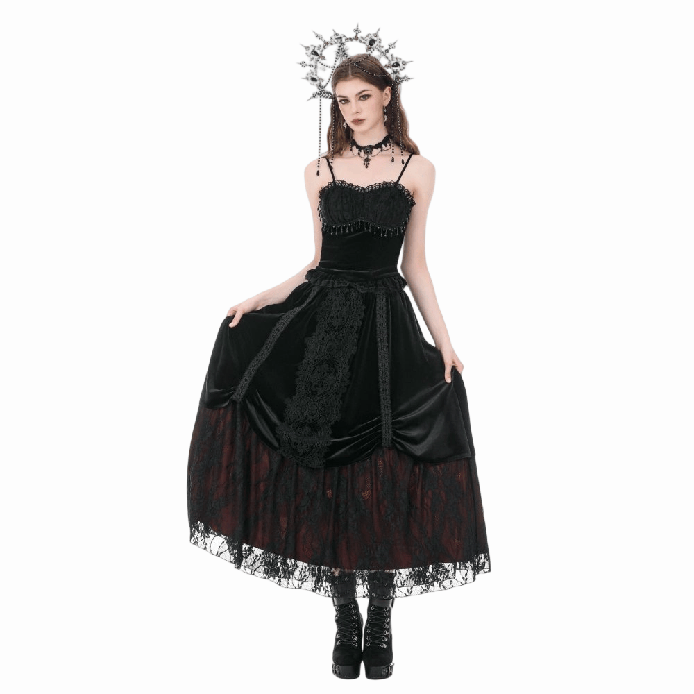 Darkinlove Women's Gothic Floral Lace Ruched Velvet Long Skirt