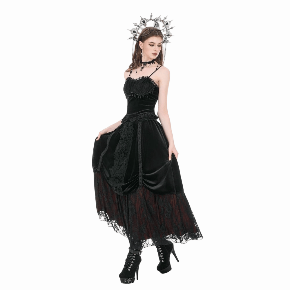 Darkinlove Women's Gothic Floral Lace Ruched Velvet Long Skirt