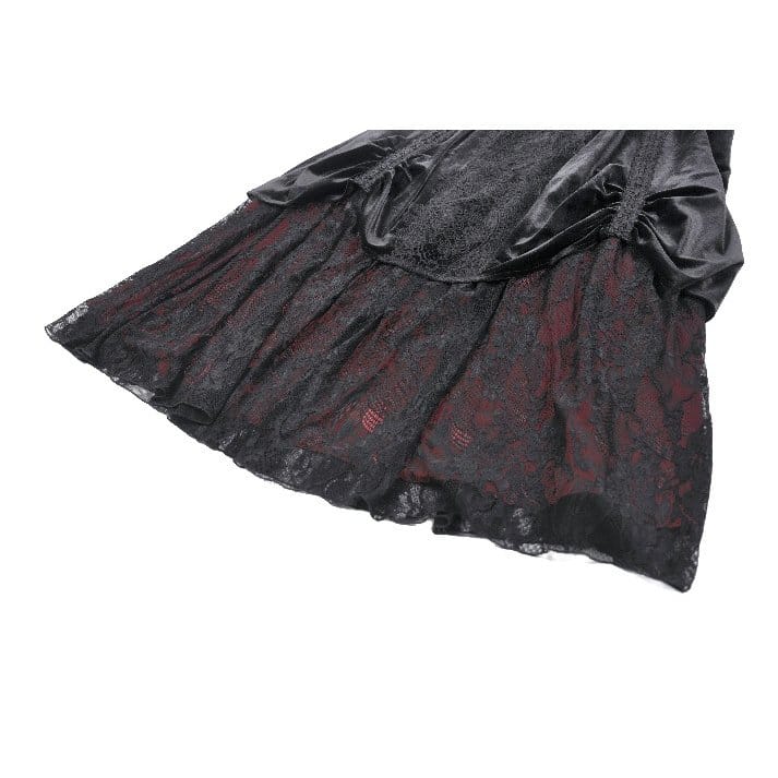 Darkinlove Women's Gothic Floral Lace Ruched Velvet Long Skirt
