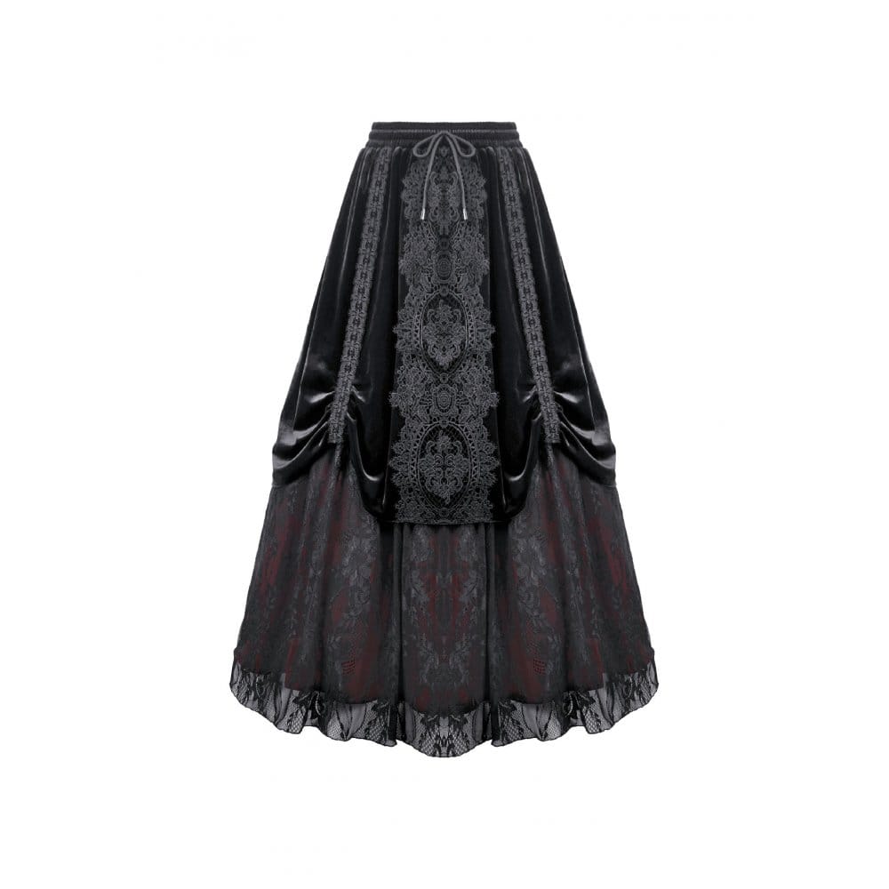 Darkinlove Women's Gothic Floral Lace Ruched Velvet Long Skirt