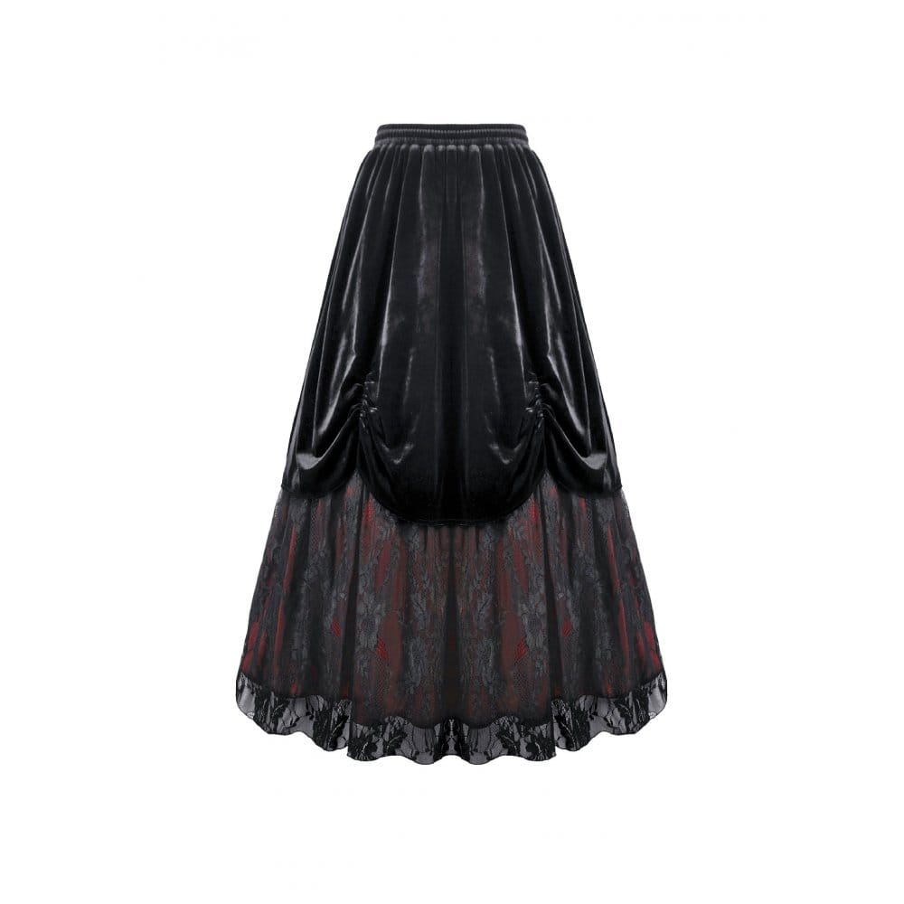 Darkinlove Women's Gothic Floral Lace Ruched Velvet Long Skirt