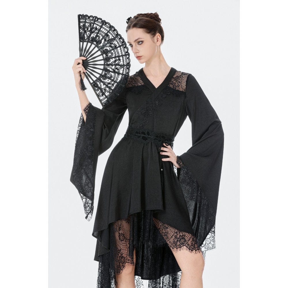 Darkinlove Women's Gothic Floral lace Sheer High Low Long Sleeved Dress