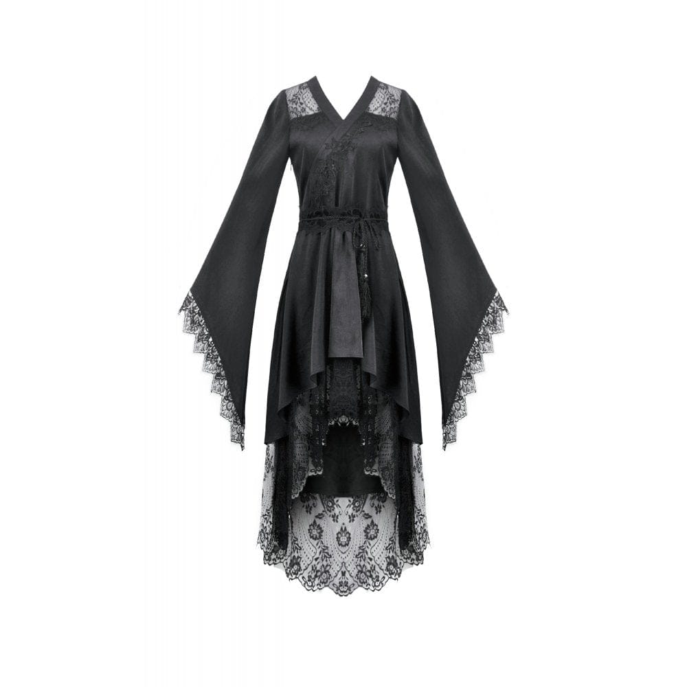 Darkinlove Women's Gothic Floral lace Sheer High Low Long Sleeved Dress