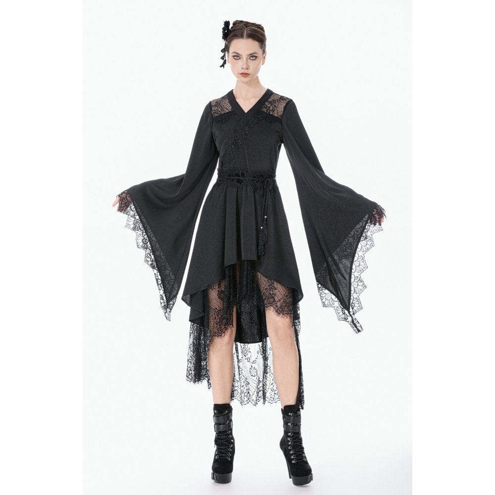 Darkinlove Women's Gothic Floral lace Sheer High Low Long Sleeved Dress