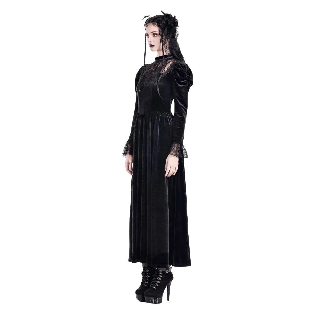 Darkinlove Women's Gothic Floral Lace Splice Puff Sleeve Velvet Maxi Dress