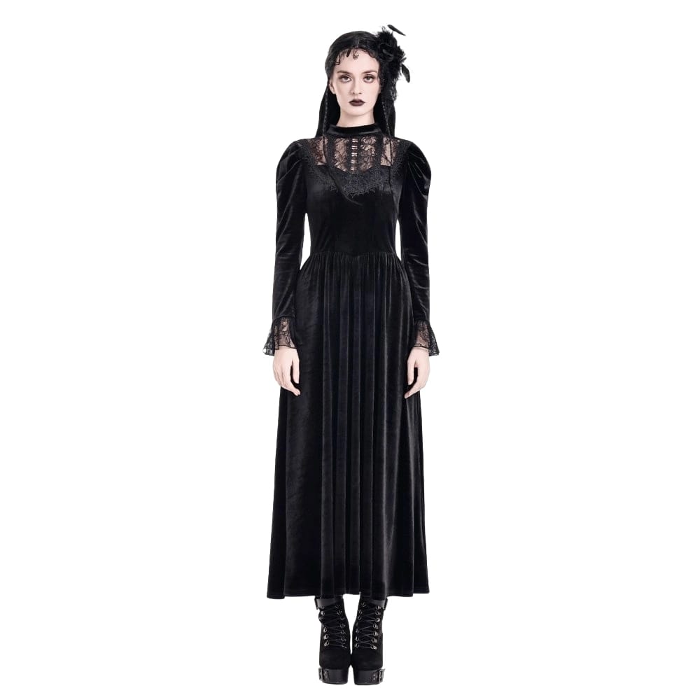 Darkinlove Women's Gothic Floral Lace Splice Puff Sleeve Velvet Maxi Dress
