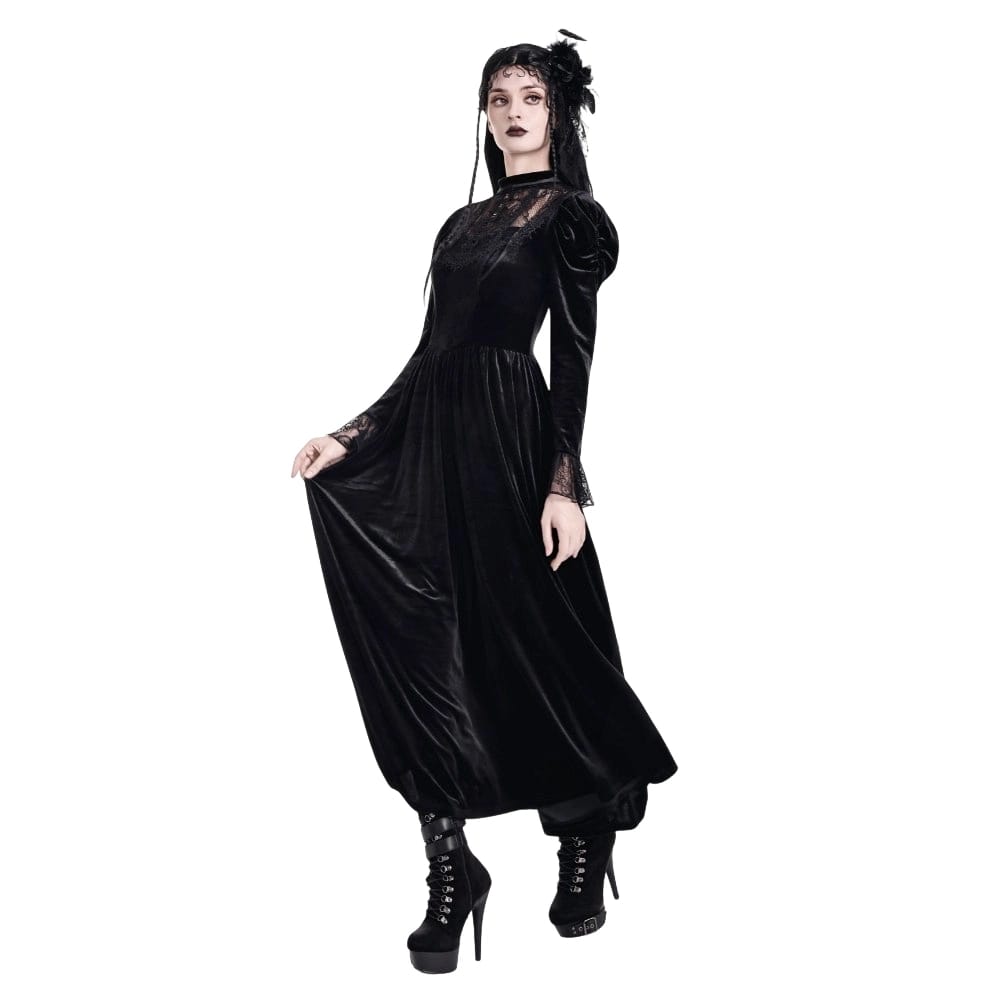 Darkinlove Women's Gothic Floral Lace Splice Puff Sleeve Velvet Maxi Dress
