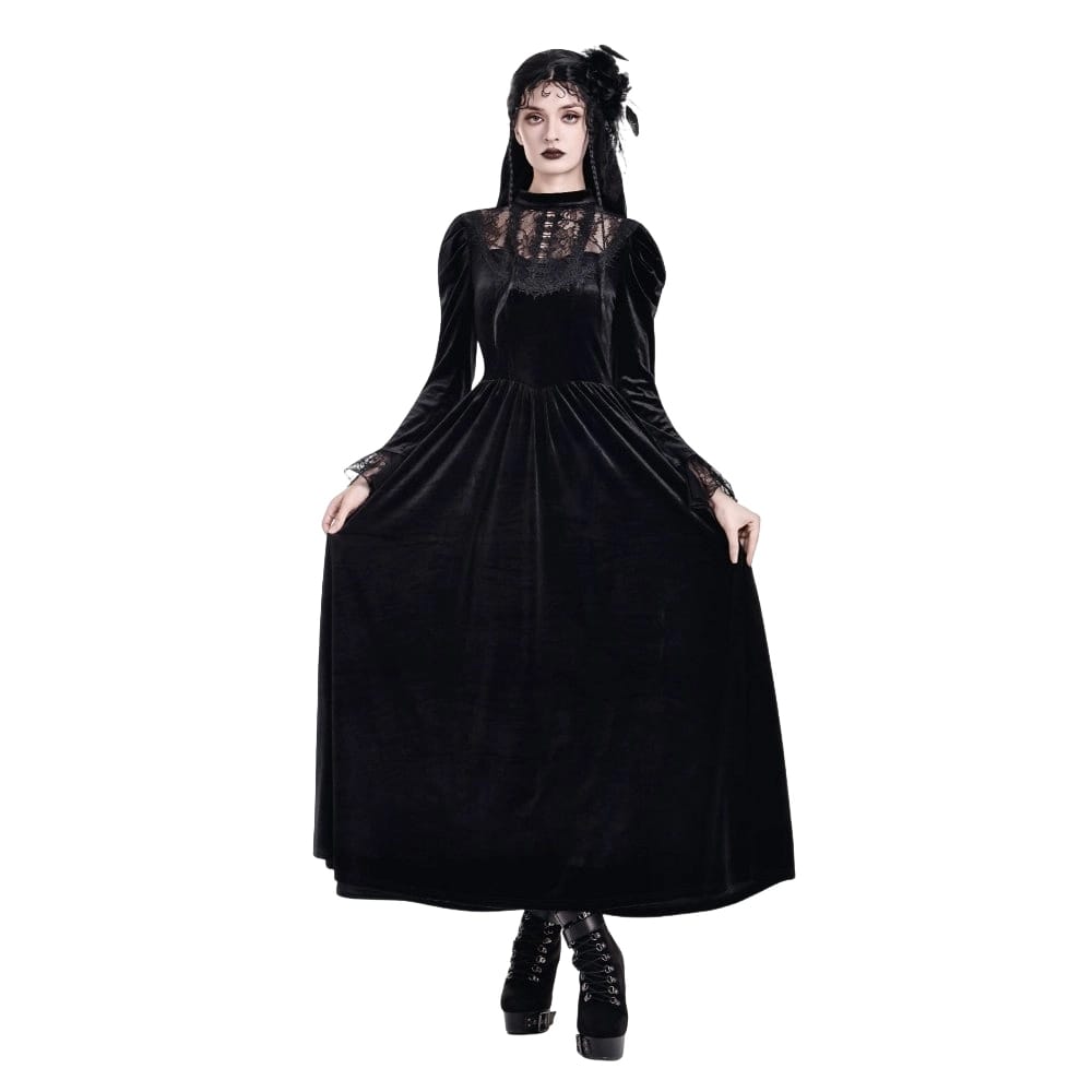 Darkinlove Women's Gothic Floral Lace Splice Puff Sleeve Velvet Maxi Dress