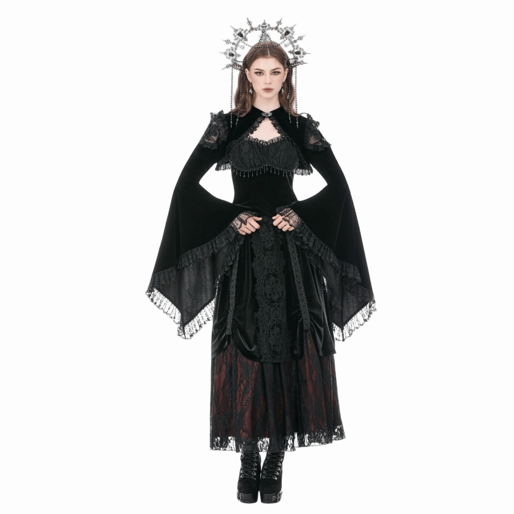 Mantella da donna Darkinlove in velluto con inserti in rete e volant a fantasia floreale gotica.