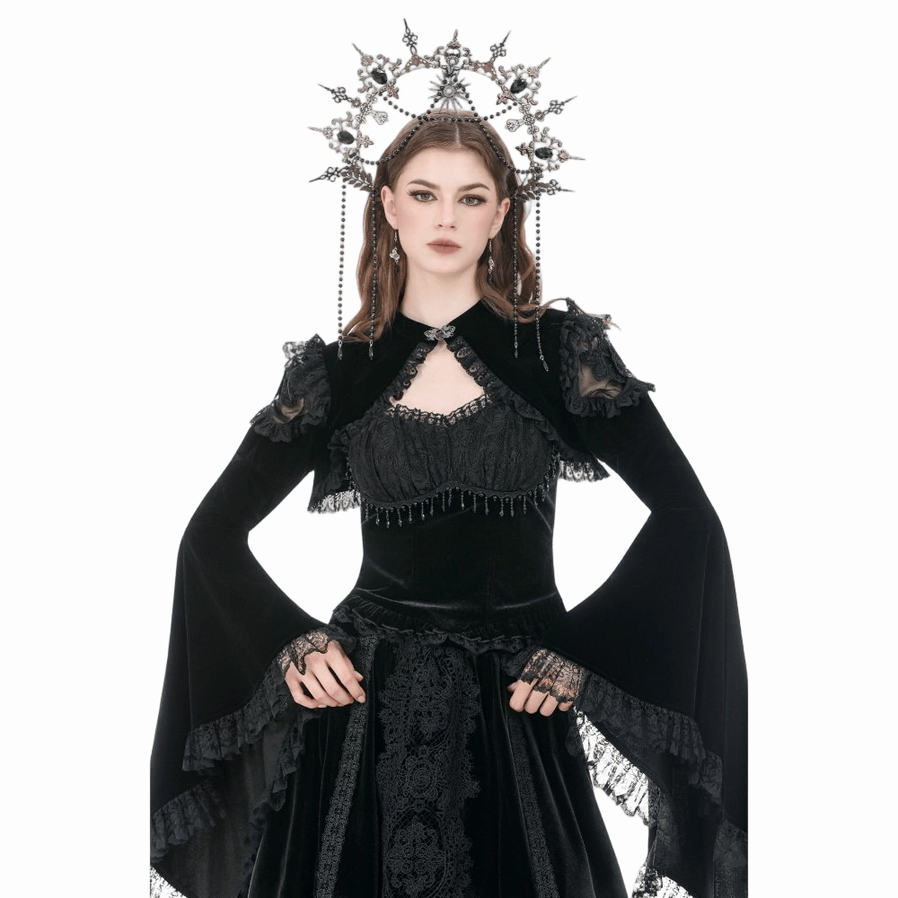 Mantella da donna Darkinlove in velluto con inserti in rete e volant a fantasia floreale gotica.