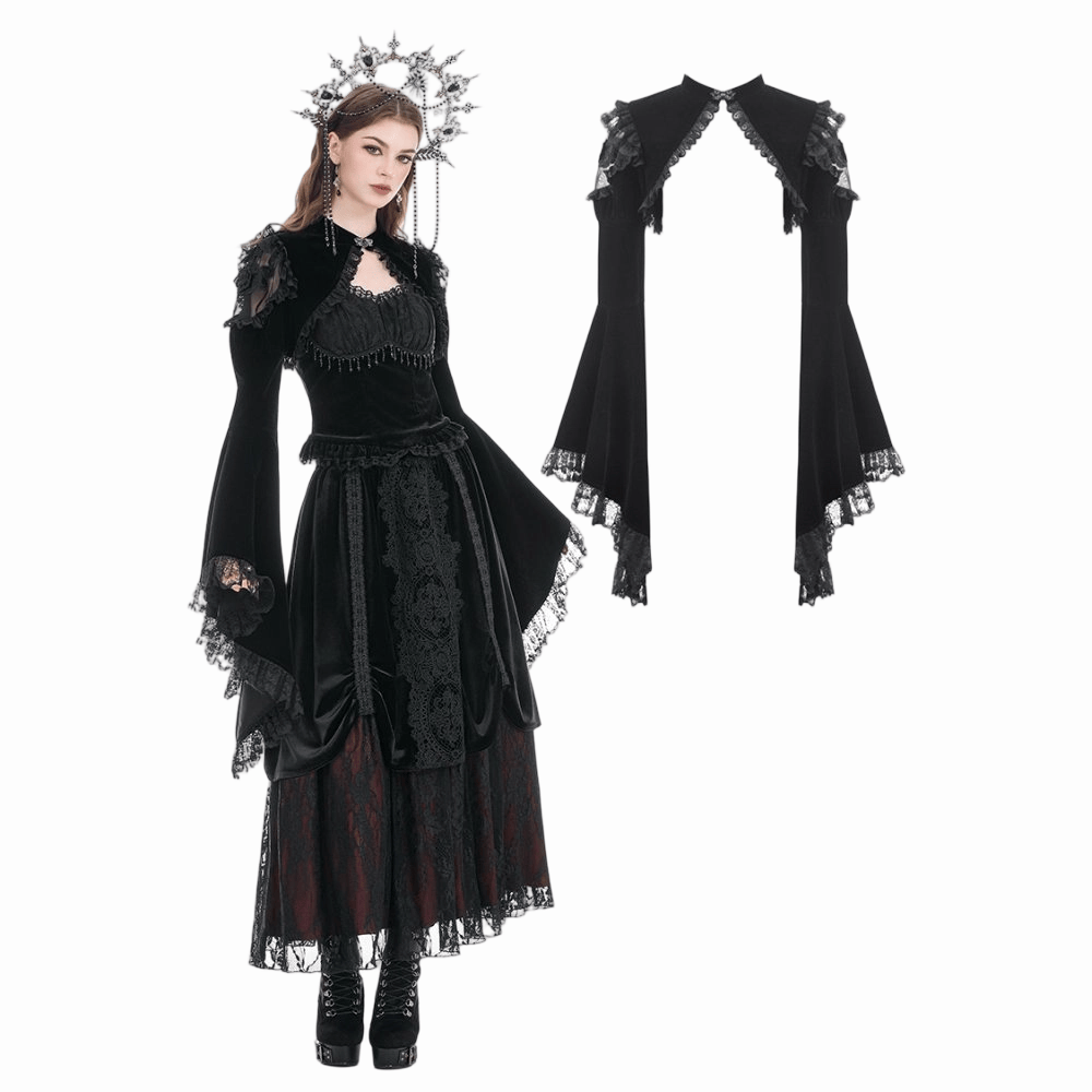 Mantella da donna Darkinlove in velluto con inserti in rete e volant a fantasia floreale gotica.