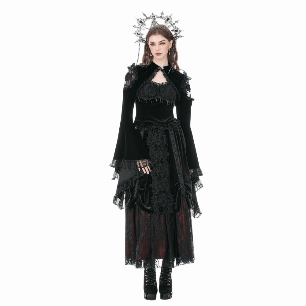 Mantella da donna Darkinlove in velluto con inserti in rete e volant a fantasia floreale gotica.